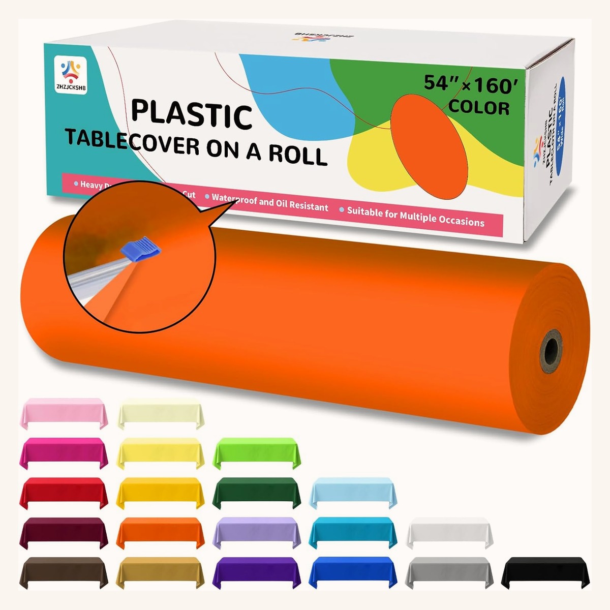 54 inch by 160 feet disposable table cover roll in orange with colour swatches