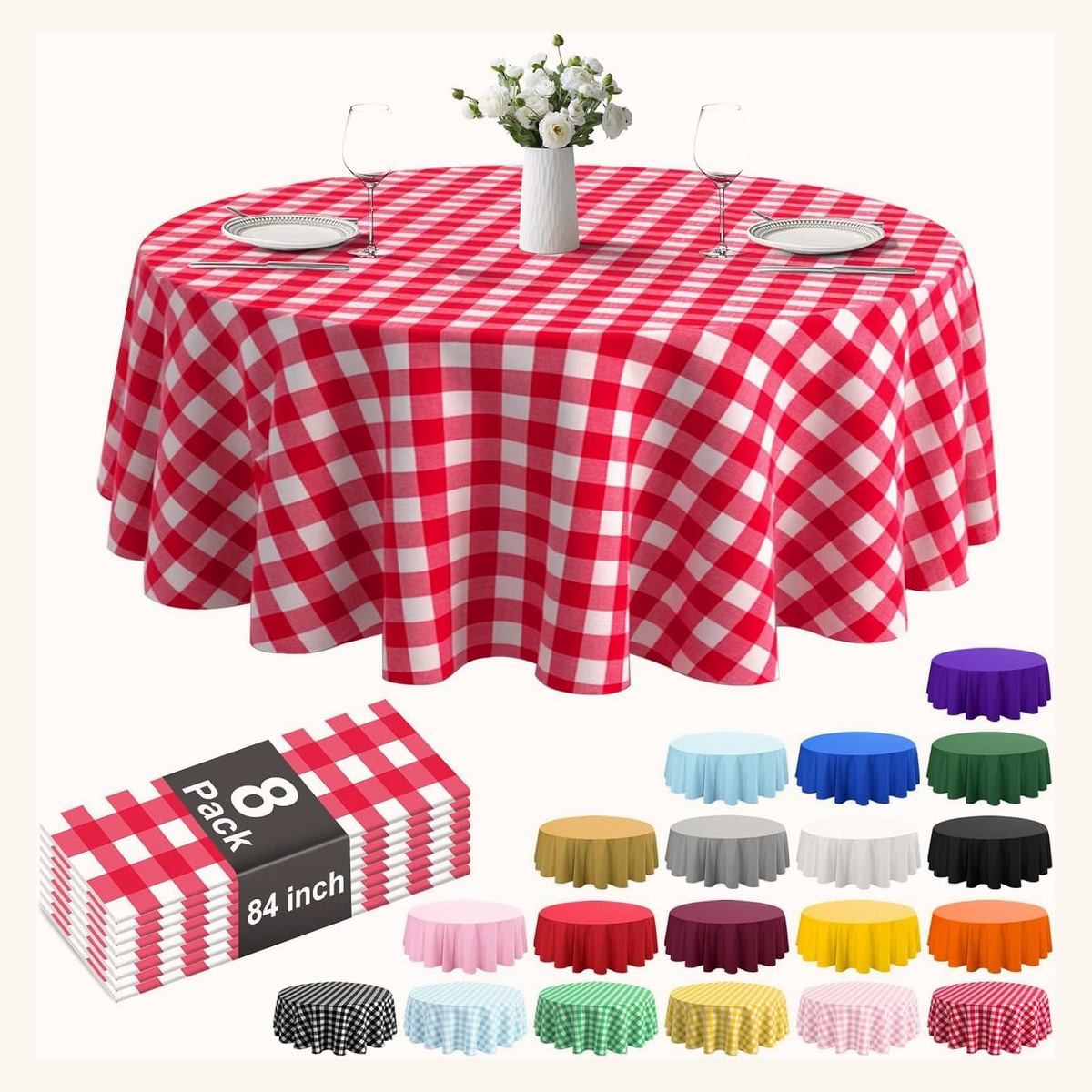 Round disposable plastic tablecloth in gingham, 84 inch