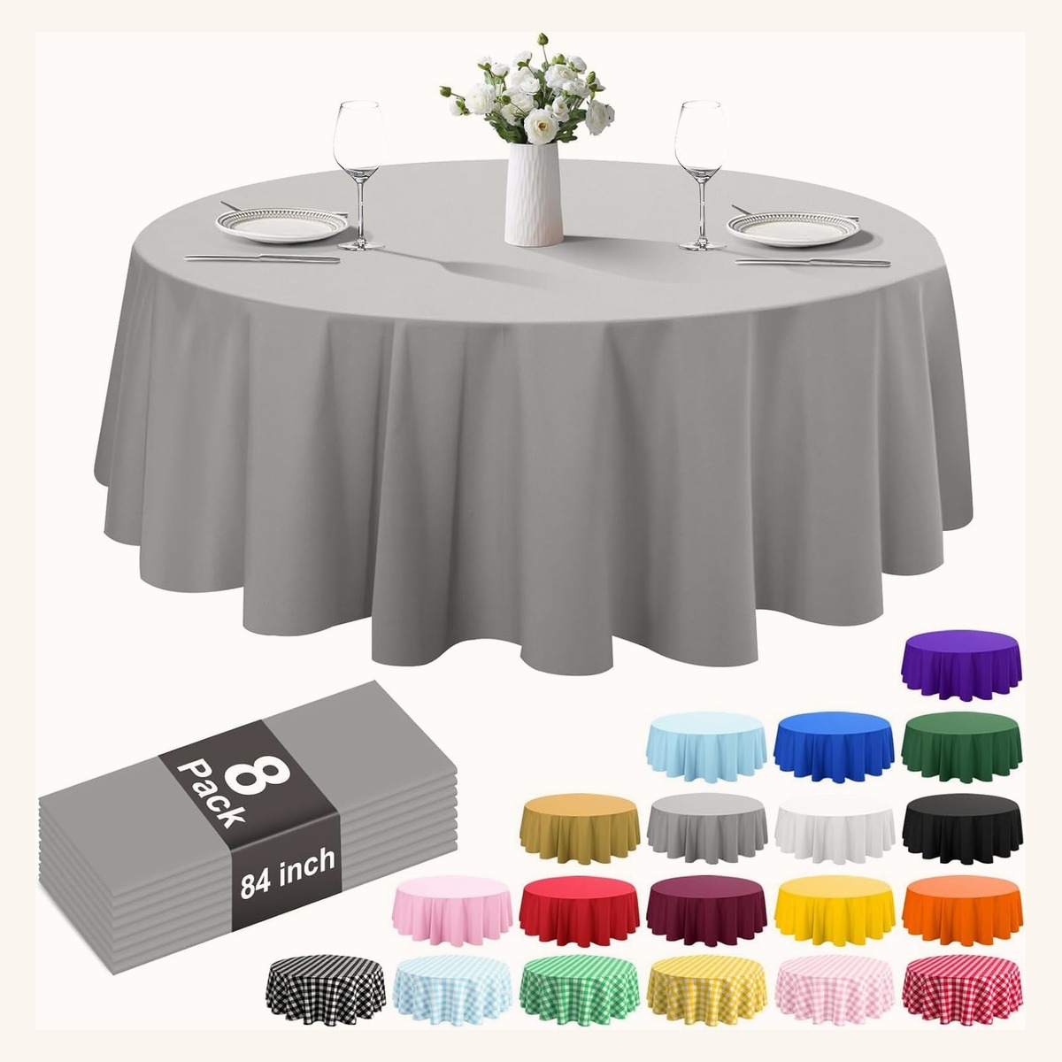 Round solid colour disposable tablecloth in grey on an 84 inch table